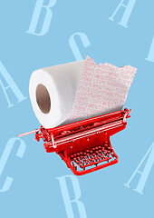 Image showing A copywriting concept. Red typewriter with toilet roll instead of paper. Modern design. Contemporary art collage.