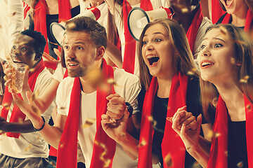 Image showing Group of happy fans are cheering for their team victory.