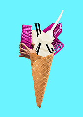Image showing A copywriting concept. Ice cream cone filled with letters, typewriter and hand holding keyboard. Modern design. Contemporary art collage.