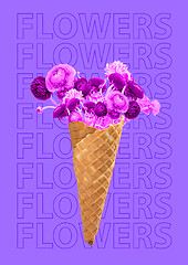 Image showing Ice cream cone filled with flowers, Unusual bouquet or gift concept. Modern design. Contemporary art collage.