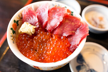 Image showing Sashimi raw fish seafood rice bowl