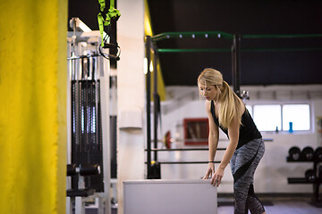 Image showing woman working out  jumping on fit box