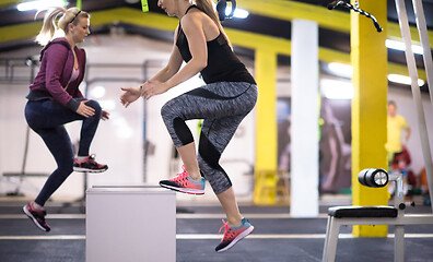 Image showing athletes working out  jumping on fit box