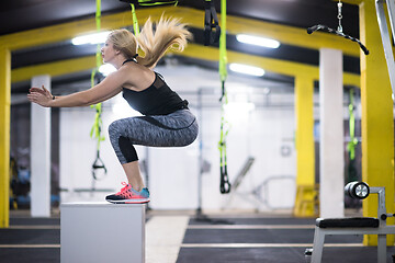 Image showing woman working out  jumping on fit box