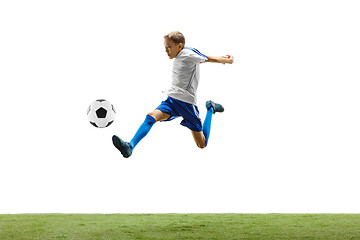 Image showing Young boy with soccer ball isolated on white. football player