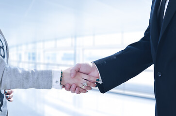 Image showing Businessman and businesswoman shaking hands after meetup