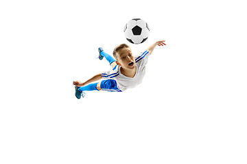 Image showing Young boy with soccer ball isolated on white. football player