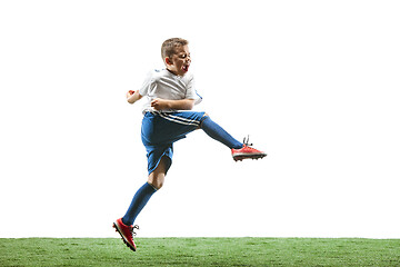 Image showing Young boy with soccer ball isolated on white. football player