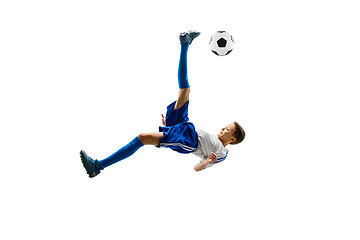 Image showing Young boy with soccer ball isolated on white. football player