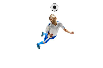 Image showing Young boy with soccer ball isolated on white. football player