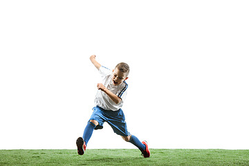 Image showing Young boy with soccer ball isolated on white. football player