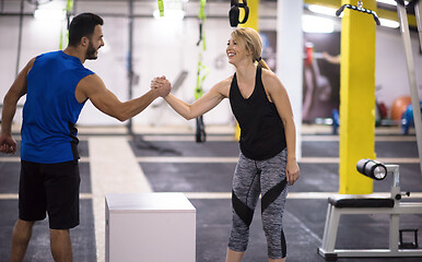 Image showing woman working out with personal trainer jumping on fit box