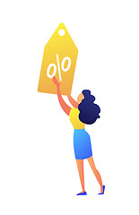 Image showing Female shopper holding big yellow percent tag vector illustration.