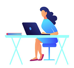 Image showing Business woman with dark hair working on laptop vector illustration.