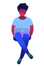 Image showing African american freelancer sitting with crossed legs and looking at laptop vector illustration.