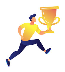 Image showing Sportsman holding big gold trophy cup award vector illustration.