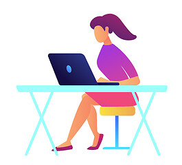 Image showing Female IT specialist with ponytail working on laptop vector illustration.