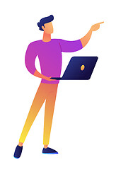 Image showing Manager standing with laptop and pointing with finger vector illustration.