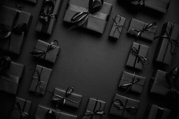 Image showing Arranged Gifts boxes wrapped in black paper with black ribbon on black background. Christmas concept