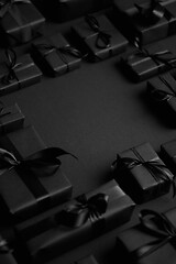 Image showing Arranged Gifts boxes wrapped in black paper with black ribbon on black background. Christmas concept