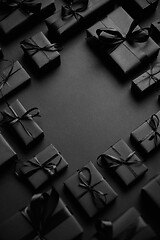 Image showing Arranged Gifts boxes wrapped in black paper with black ribbon on black background. Christmas concept