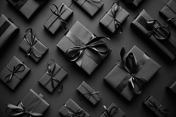 Image showing Dark Christmas theme. Square boxed gifts wrapped in black paper and ribbon arranged on black
