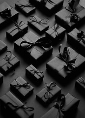 Image showing Elegant black Christmas theme. Wrapped gifts in black matte paper with ribbon