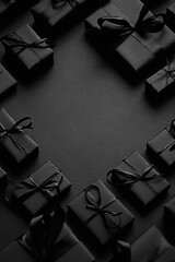 Image showing Arranged Gifts boxes wrapped in black paper with black ribbon on black background. Christmas concept