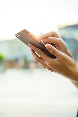 Image showing Woman sending sms on cellphone