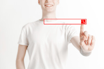 Image showing Businessman hand touching empty virtual screen