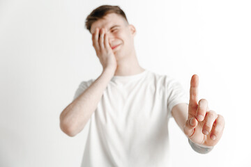 Image showing Businessman hand touching empty virtual screen