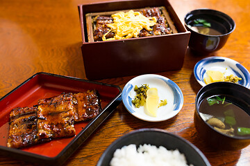 Image showing Roasted eel rice bowl in Japanese restaurant