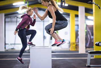 Image showing athletes working out  jumping on fit box