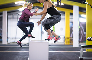 Image showing athletes working out  jumping on fit box