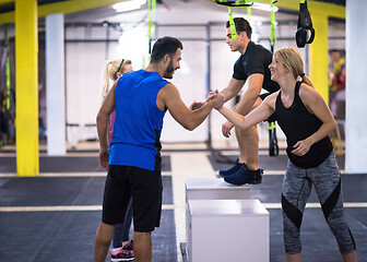 Image showing athletes working out  jumping on fit box