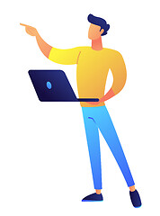 Image showing Developer standing with laptop and pointing with finger vector illustration.