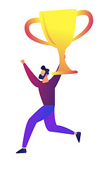 Image showing Businessman holding a big trophy cup vector illustration.