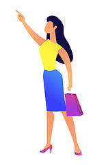 Image showing Young business woman with shopping bag pointing with finger vector illustration.