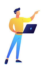 Image showing Developer standing with laptop and pointing with finger vector illustration.