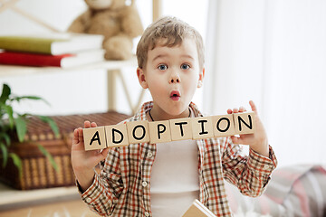 Image showing Wooden cubes with word adobtion in hands of little boy