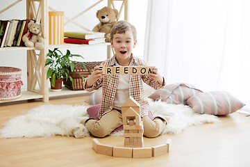 Image showing Wooden cubes with word FREEDOM in hands of little boy