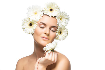 Image showing beautiful girl with white flowers on head