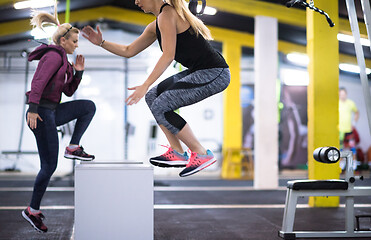 Image showing athletes working out  jumping on fit box