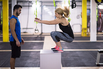 Image showing woman working out with personal trainer jumping on fit box