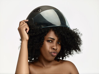 Image showing Portrait of attractive woman in motorbike helmet