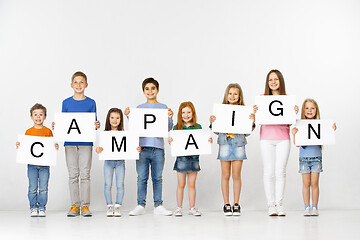 Image showing Campaign. Group of children with a banners isolated in white