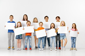 Image showing Group of children with a white banners isolated in white