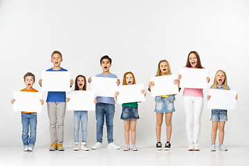 Image showing Group of children with a white banners isolated in white