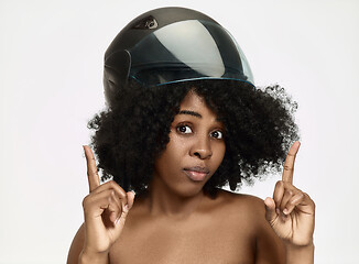 Image showing Portrait of attractive woman in motorbike helmet