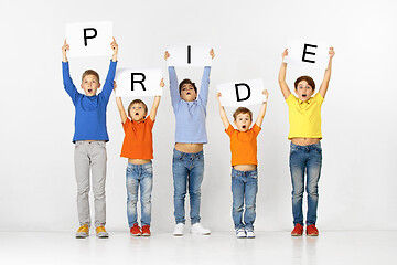 Image showing Pride. Group of children with a banners isolated in white